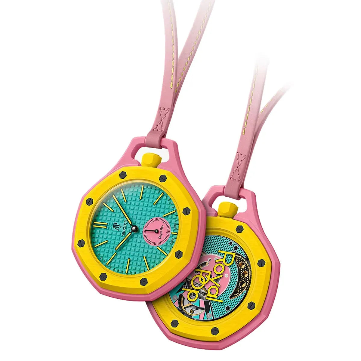 Front view of Audemars Piguet x Swatch Royal Pop OTG ROZ SSX03J100N pocket watch with teal dial, yellow bezel and pink case.