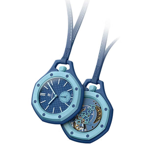 Blue mechanical watch with a detailed mechanism on a white background