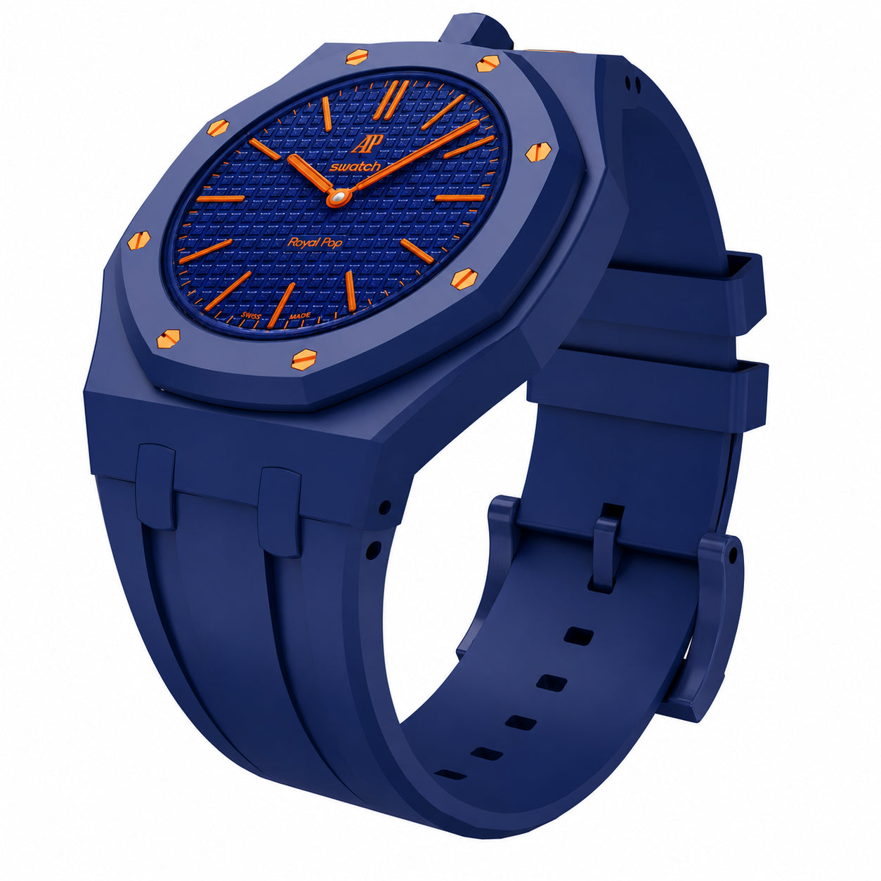 Side profile of the Audemars Piguet x Swatch Royal Pop ORENJI HACHI SSX03L103N.