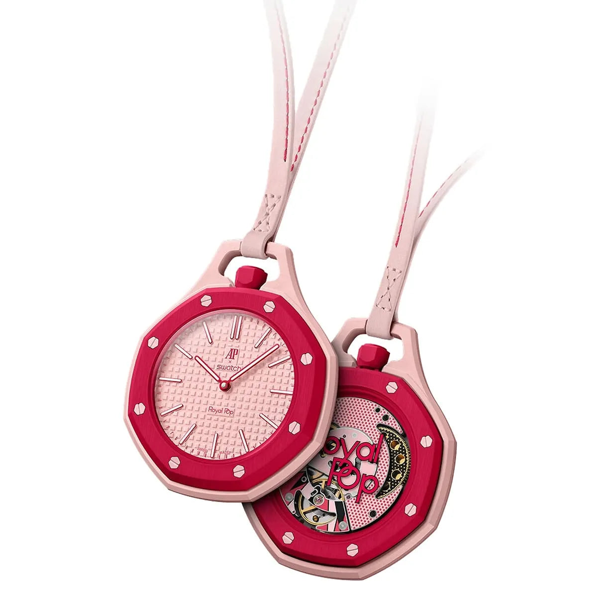 Front view of Audemars Piguet x Swatch Royal Pop OTTO ROSSO SSX03R100N pink pocket watch.