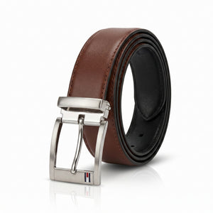 Brown leather belt with silver buckle on a white background