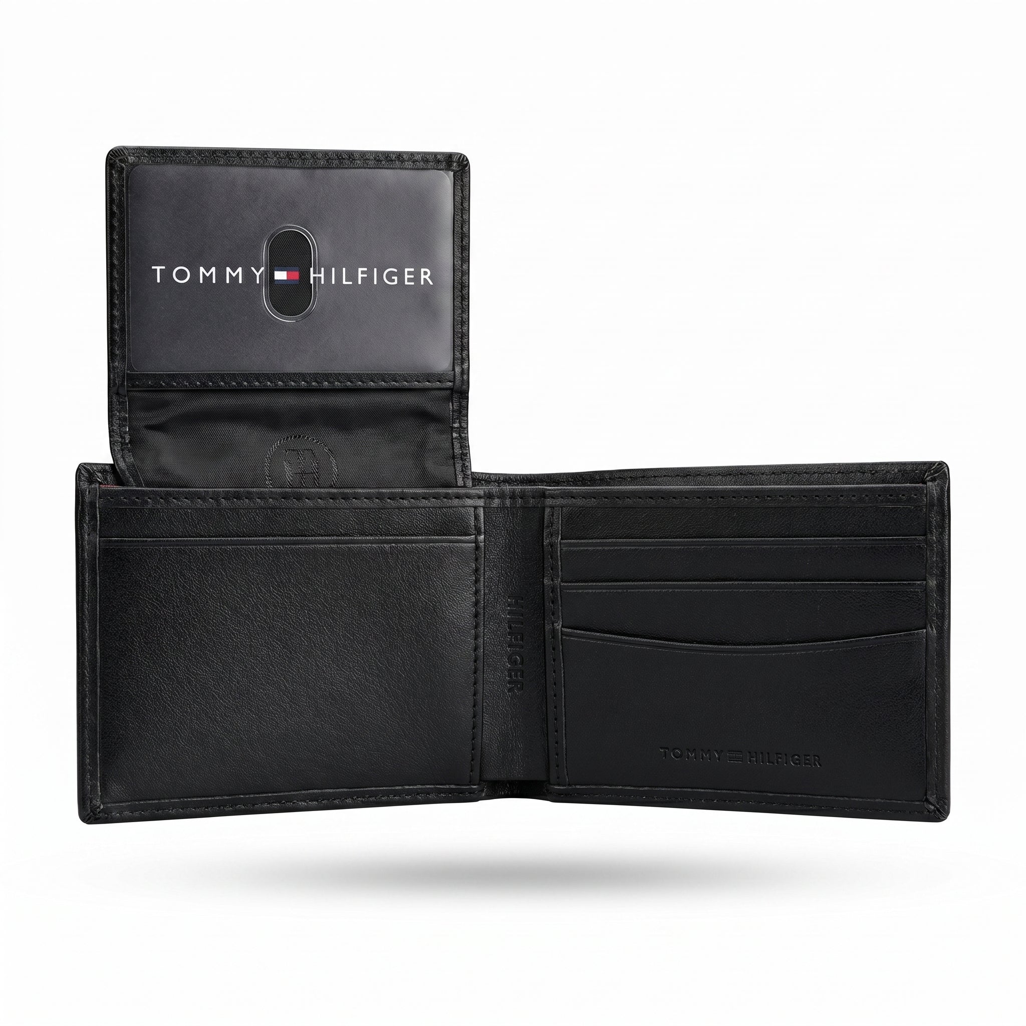 Internal view of the Tommy Hilfiger genuine leather wallet showing card slots and premium craftsmanship