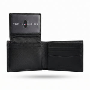 Internal view of the Tommy Hilfiger genuine leather wallet showing card slots and premium craftsmanship