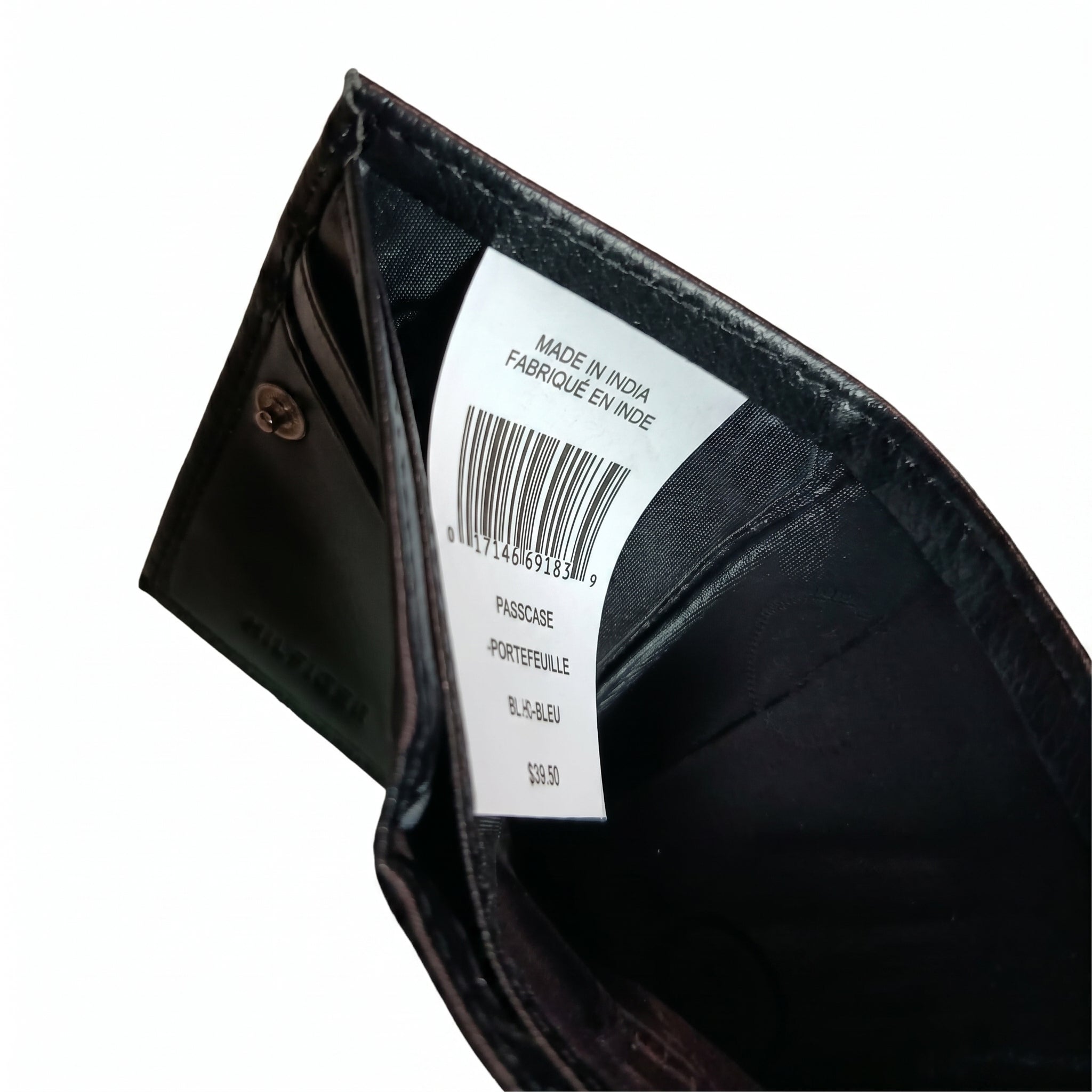 Black leather wallet with a visible brand label on a white background