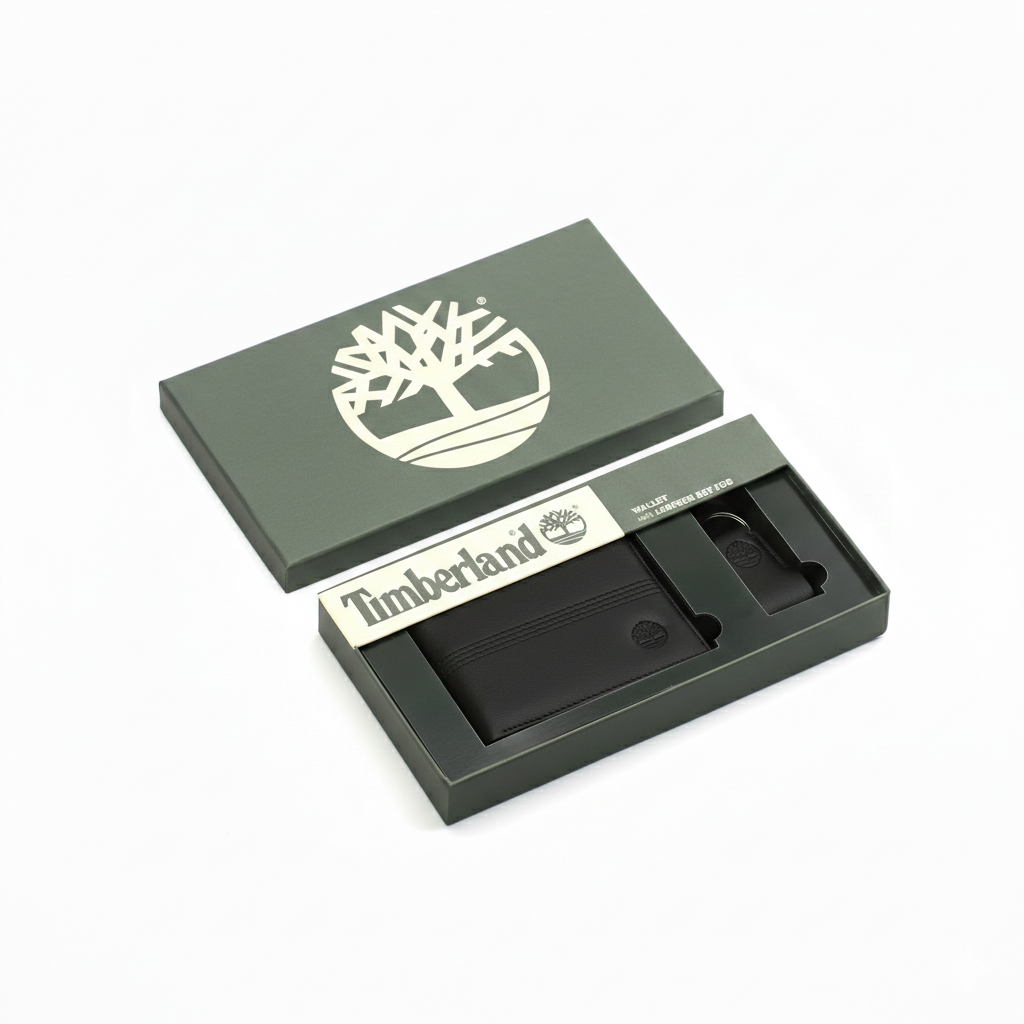 Timberland men's black leather wallet and keychain set elegantly displayed inside its original green branded gift box