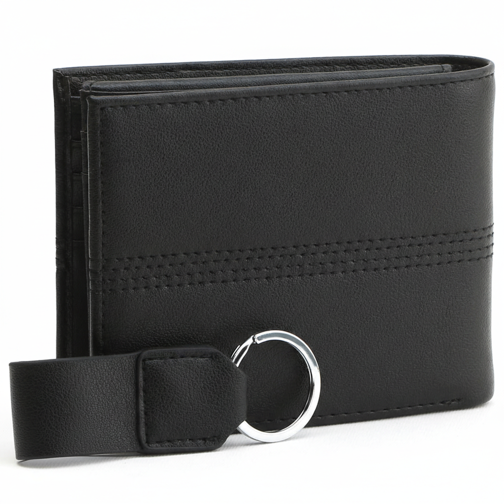 Rear perspective of a Timberland men's black genuine leather wallet highlighting the premium smooth matte texture and high-quality durable stitching