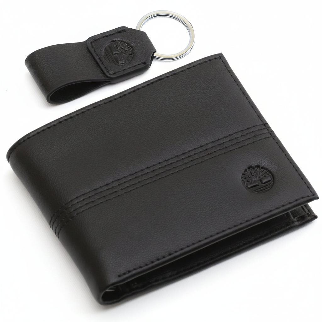 Top-down view of a Timberland men's gift set featuring a black genuine leather bifold wallet with an embossed tree logo and a matching leather keychain