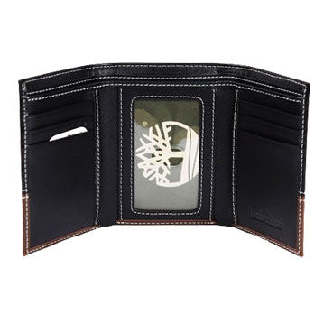 Live open layout view of the opened Timberland smooth leather trifold wallet interior showcasing the three folding panels and clear transparent ID window slot