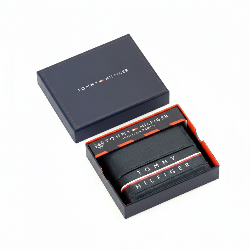 Tommy Hilfiger Navy Blue Horizontal Stripe Wallet displayed in Gift Box