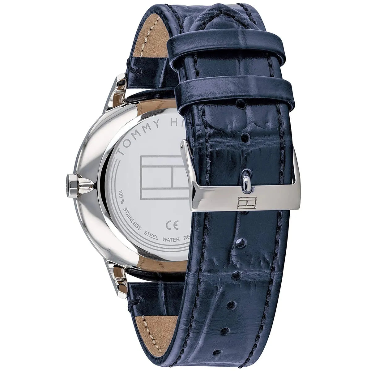 Back view of the Tommy Hilfiger 1710387 watch showing the stainless steel caseback and technical specs.