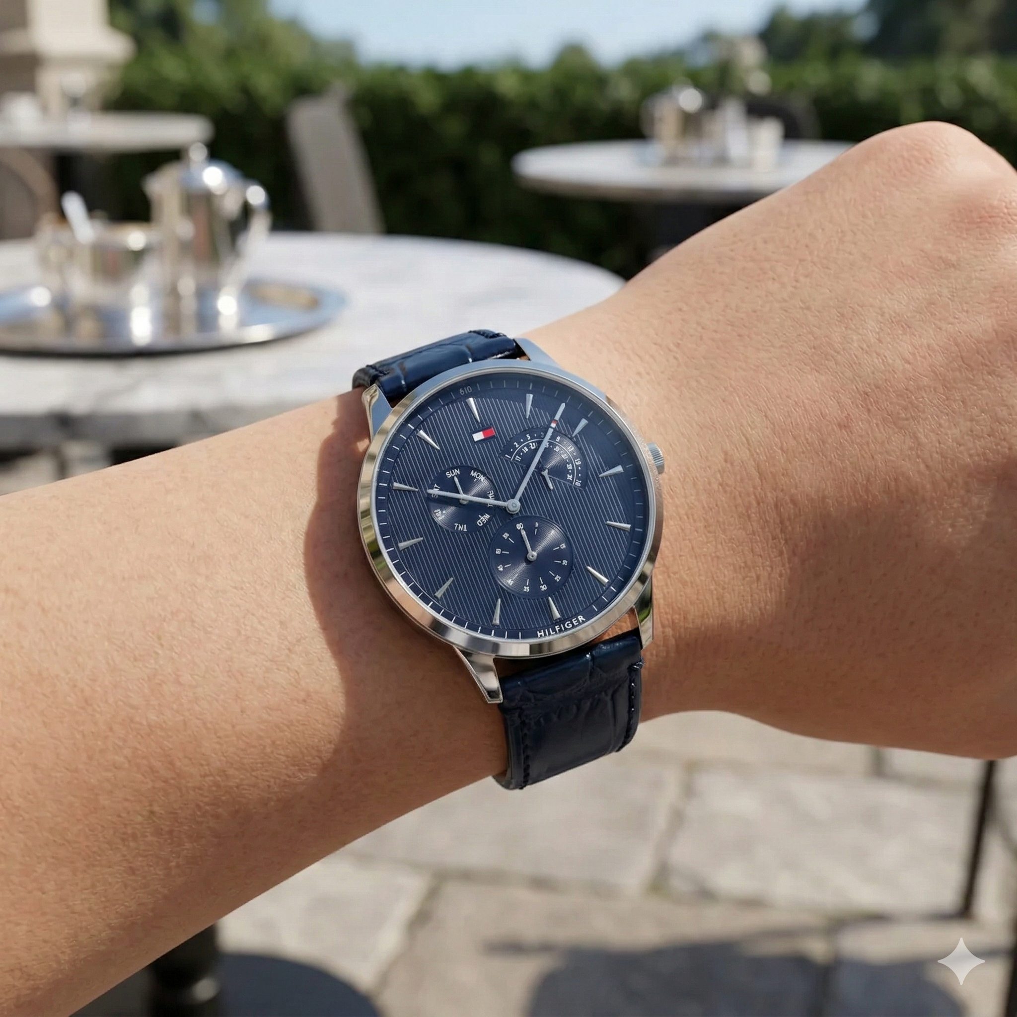 Close up shot of Tommy Hilfiger 1710387 on wrist showing the navy blue dial and day/date sub-dials.