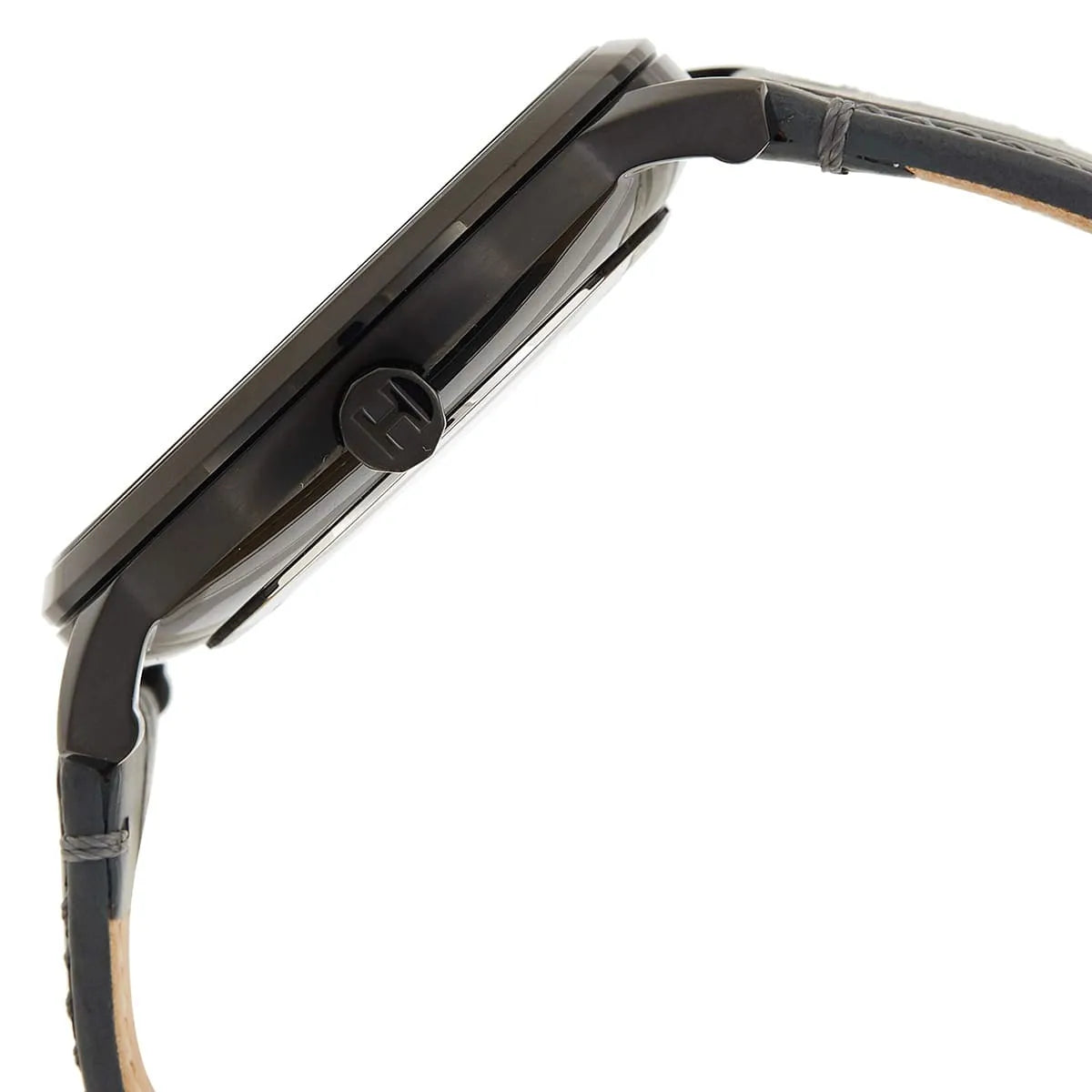 Detailed side view of the black crown and case lugs on the 1710388 men's watch