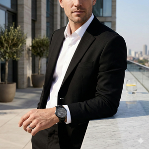 Man wearing Tommy Hilfiger Brad full black leather watch for a sleek, bold, and modern aesthetic