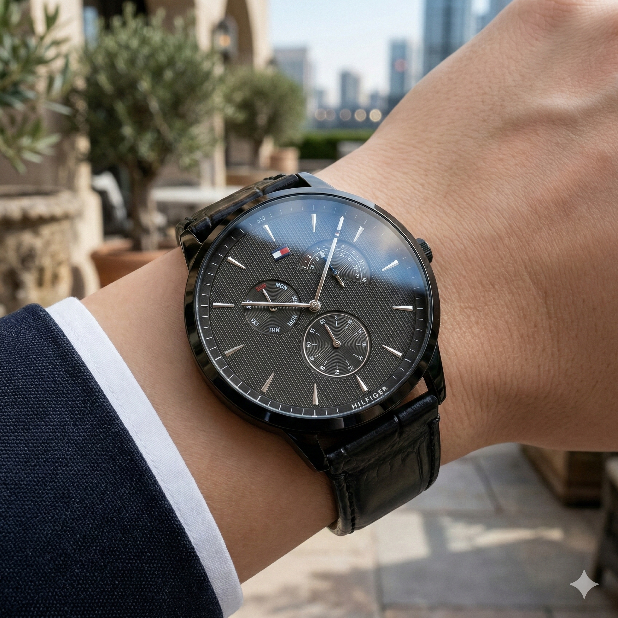 Close up shot of Tommy Hilfiger 1710388 on wrist showing the textured black dial and day-date sub-dials