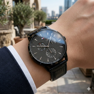 Close up shot of Tommy Hilfiger 1710388 on wrist showing the textured black dial and day-date sub-dials