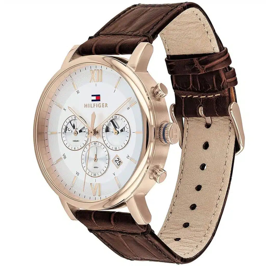 Left side perspective of the Tommy Hilfiger 1710394 cream dial and brown leather strap
