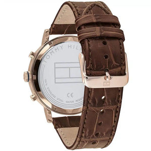 Rose gold tone buckle on the genuine brown leather strap of the Tommy Hilfiger 1710394