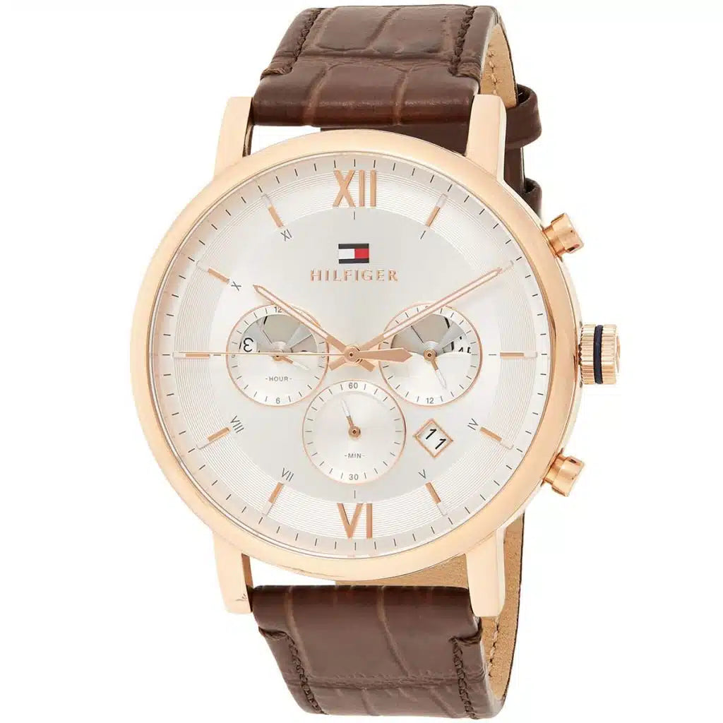 Tommy Hilfiger Evan 1710394 men's watch with rose gold case cream dial and brown leather strap