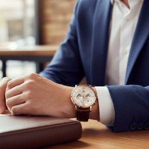 Male model wearing Tommy Hilfiger 1710394 rose gold watch with a formal suit