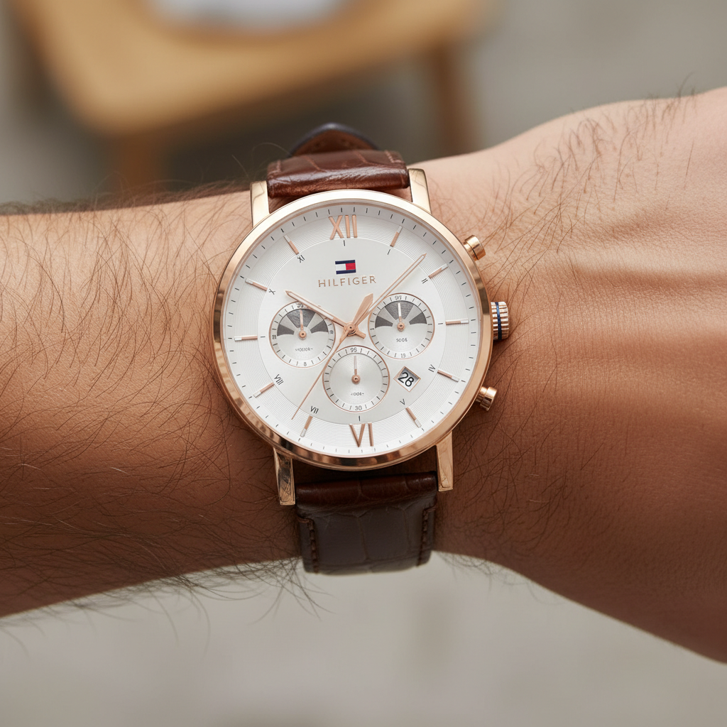 Close up shot of Tommy Hilfiger 1710394 watch on wrist showing the cream dial and roman numerals