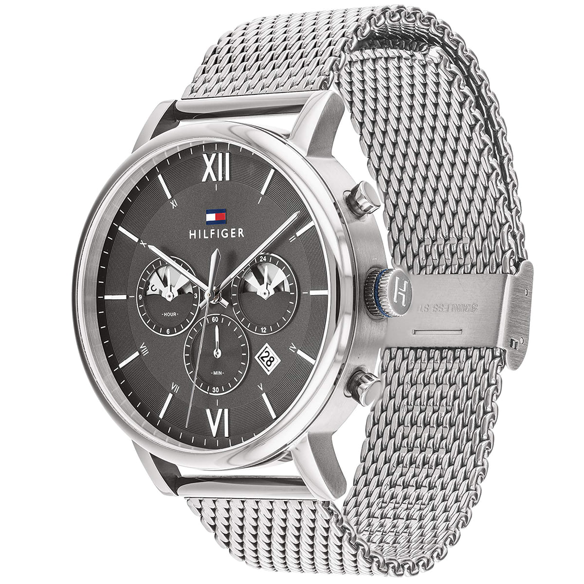 Left side perspective of the silver stainless steel milanese mesh strap on the Tommy Hilfiger Evan watch