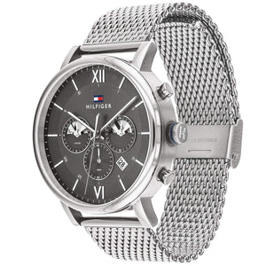 Left side perspective of the silver stainless steel milanese mesh strap on the Tommy Hilfiger Evan watch