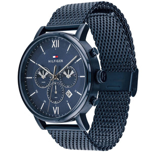 Detailed side view of the navy blue crown and chronograph buttons on the 1710397 men's watch