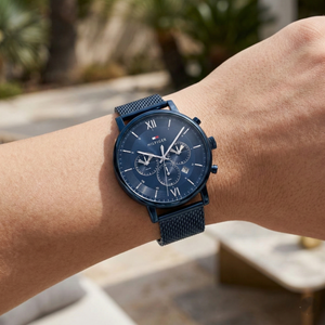 Close up shot of Tommy Hilfiger 1710397 on wrist showing the navy blue sunray dial and chronograph sub-dials