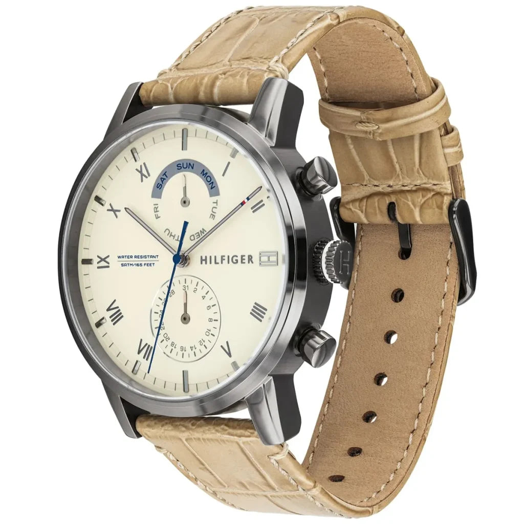 Angled view of the Tommy Hilfiger 1710399 highlighting the dark grey stainless steel case
