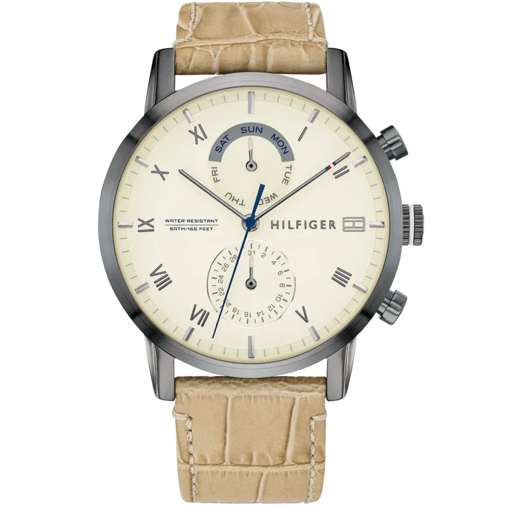 Tommy Hilfiger Kane 1710399 men's watch with gunmetal case beige dial and beige leather strap