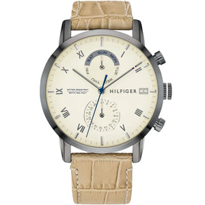Tommy Hilfiger Kane 1710399 men's watch with gunmetal case beige dial and beige leather strap