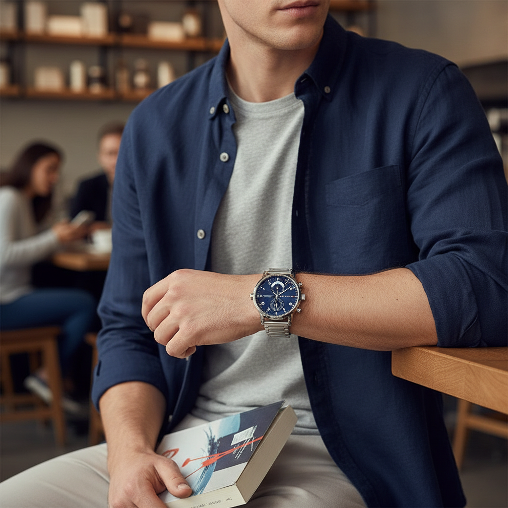 Male model wearing Tommy Hilfiger 1710401 silver watch with a formal business suit