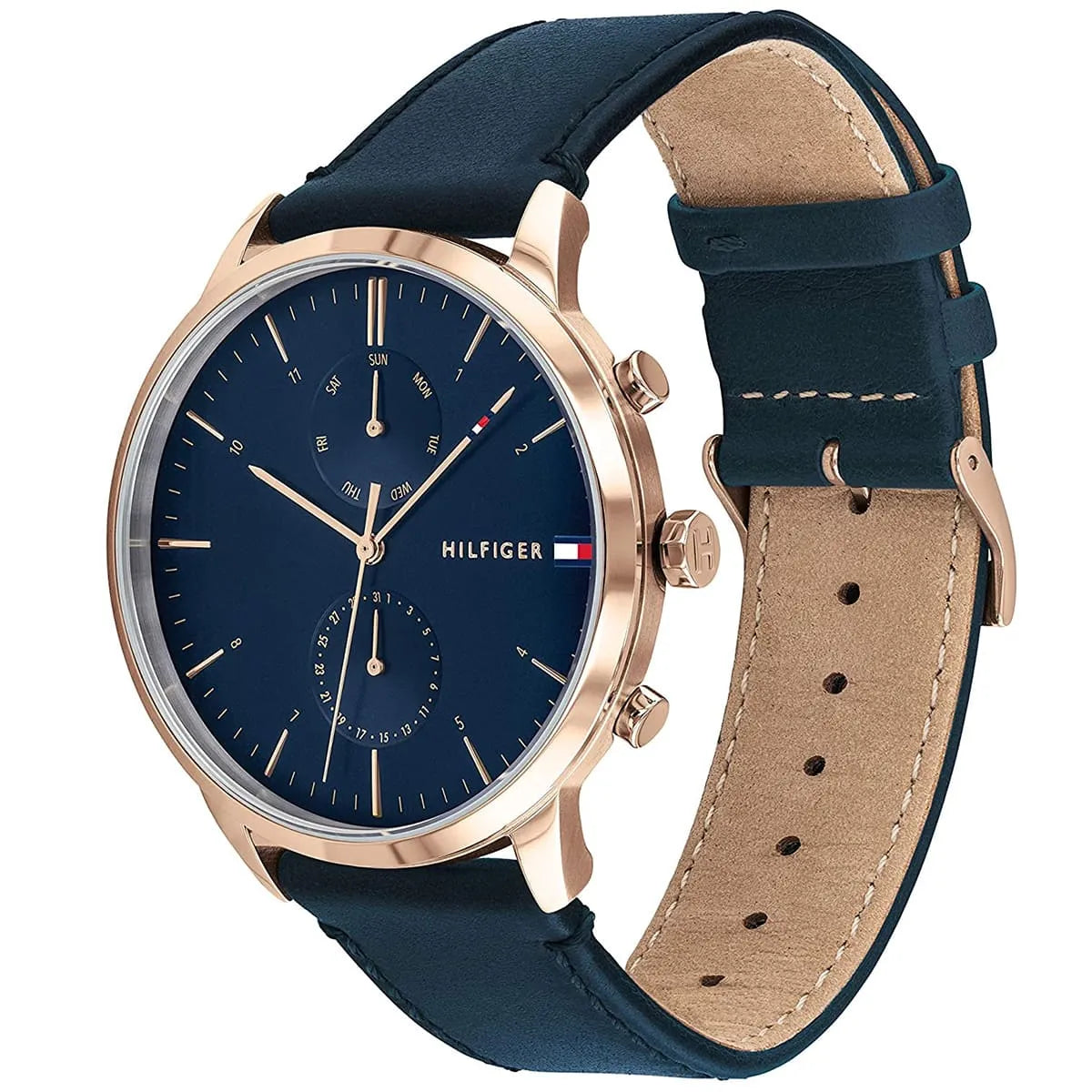 Angled view of Tommy Hilfiger 1710405 highlighting the slim gold-tone case and premium blue leather strap