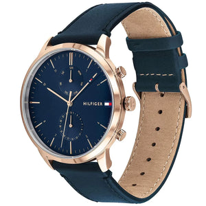 Angled view of Tommy Hilfiger 1710405 highlighting the slim gold-tone case and premium blue leather strap
