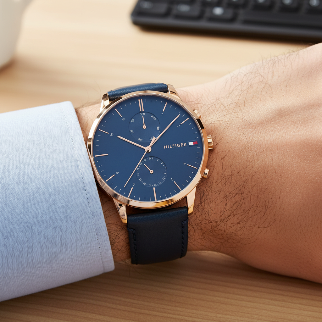 Man wearing Tommy Hilfiger Cooper gold and blue leather watch for a sophisticated, modern, and elegant professional look