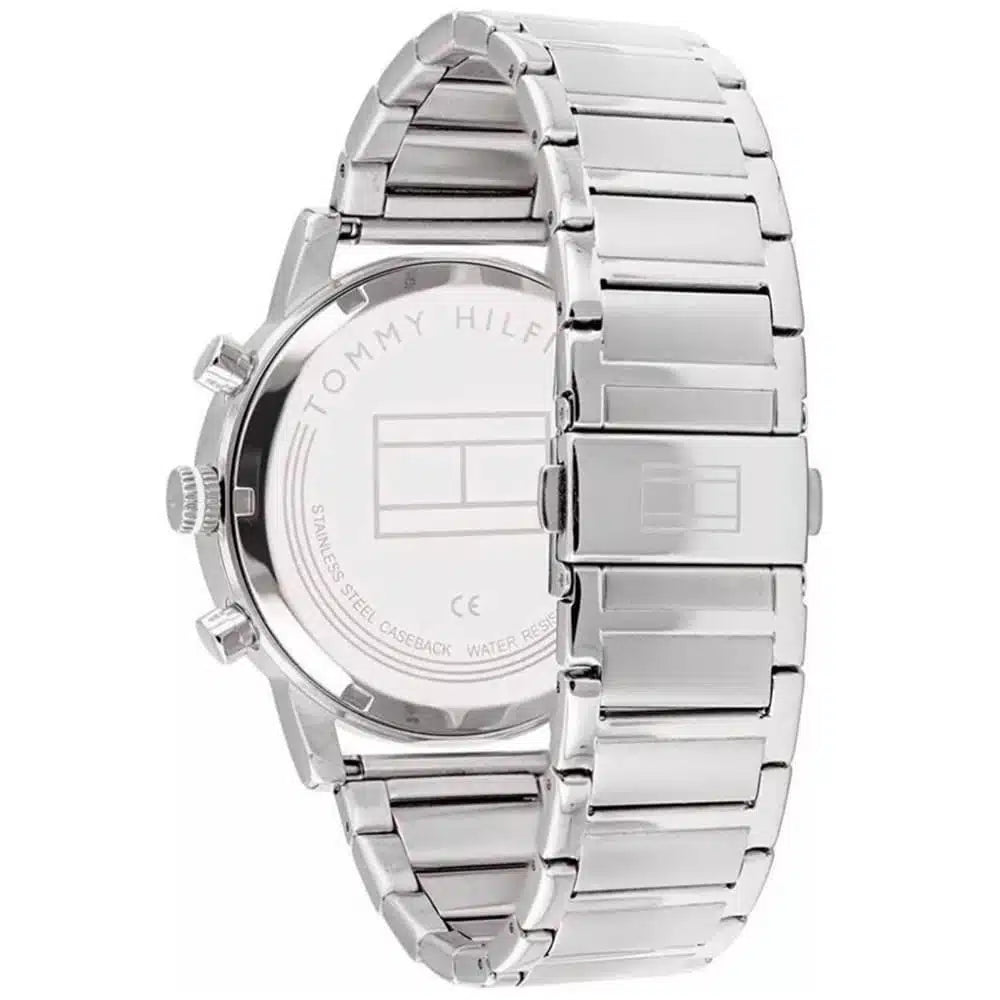 Left side perspective of the bold 44mm silver case on the Tommy Hilfiger Evan watch