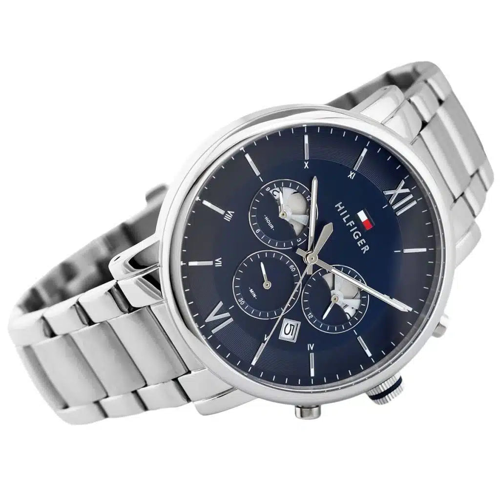 Angled view of Tommy Hilfiger 1710409 highlighting the polished silver case and integrated stainless steel bracelet