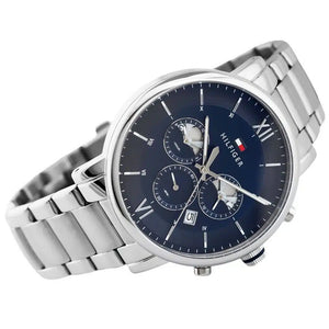 Angled view of Tommy Hilfiger 1710409 highlighting the polished silver case and integrated stainless steel bracelet