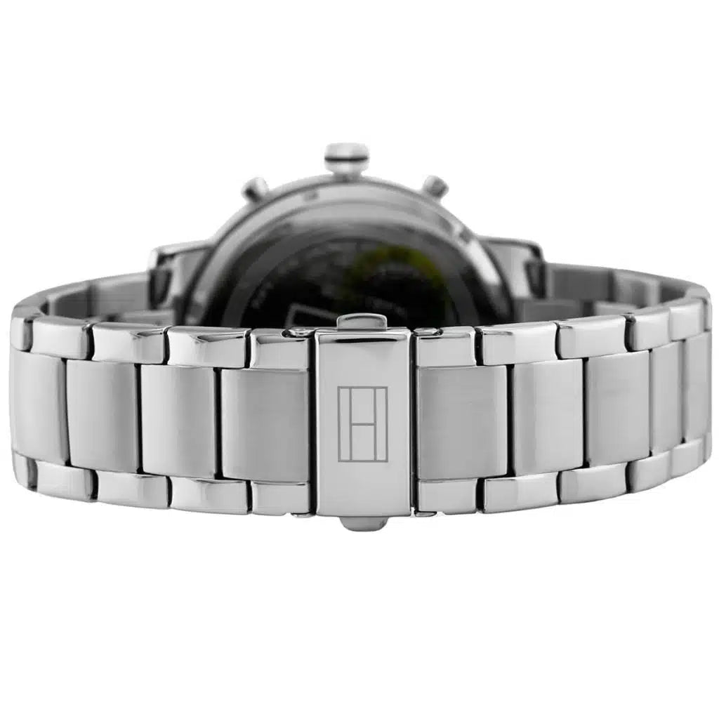 Detailed side view of the silver-tone crown and multi-function pushers on the Evan 1710409 model