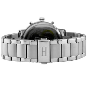 Detailed side view of the silver-tone crown and multi-function pushers on the Evan 1710409 model