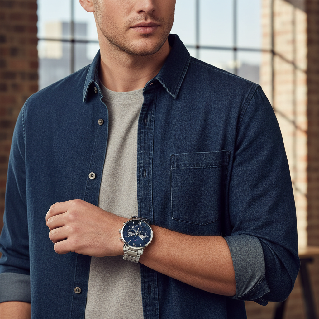 Man wearing Tommy Hilfiger Evan silver metal watch for a sophisticated and elegant everyday look