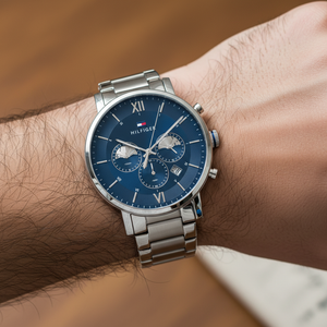 Close up shot of Tommy Hilfiger 1710409 on wrist showing the blue dial with silver-tone sub-dials and Roman numerals