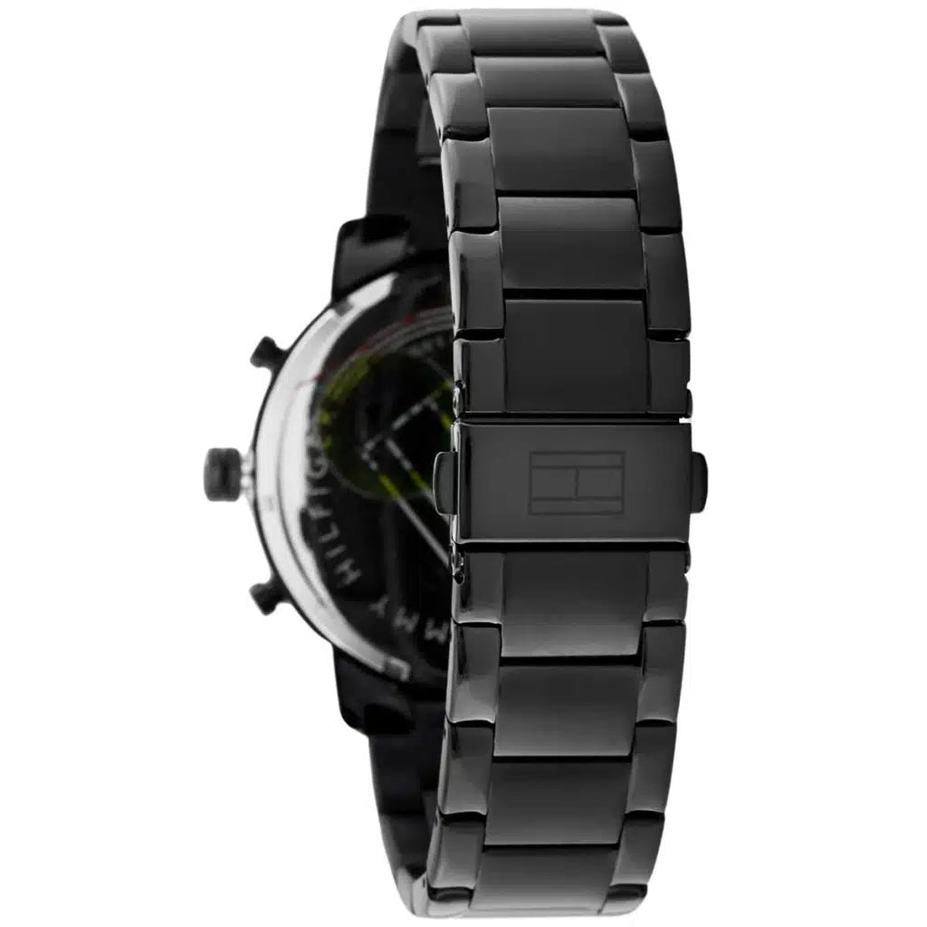 Left side perspective of the Tommy Hilfiger 1710410 black dial and black bracelet