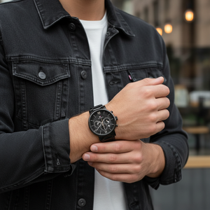 Male model wearing Tommy Hilfiger 1710410 all-black watch with a formal black suit