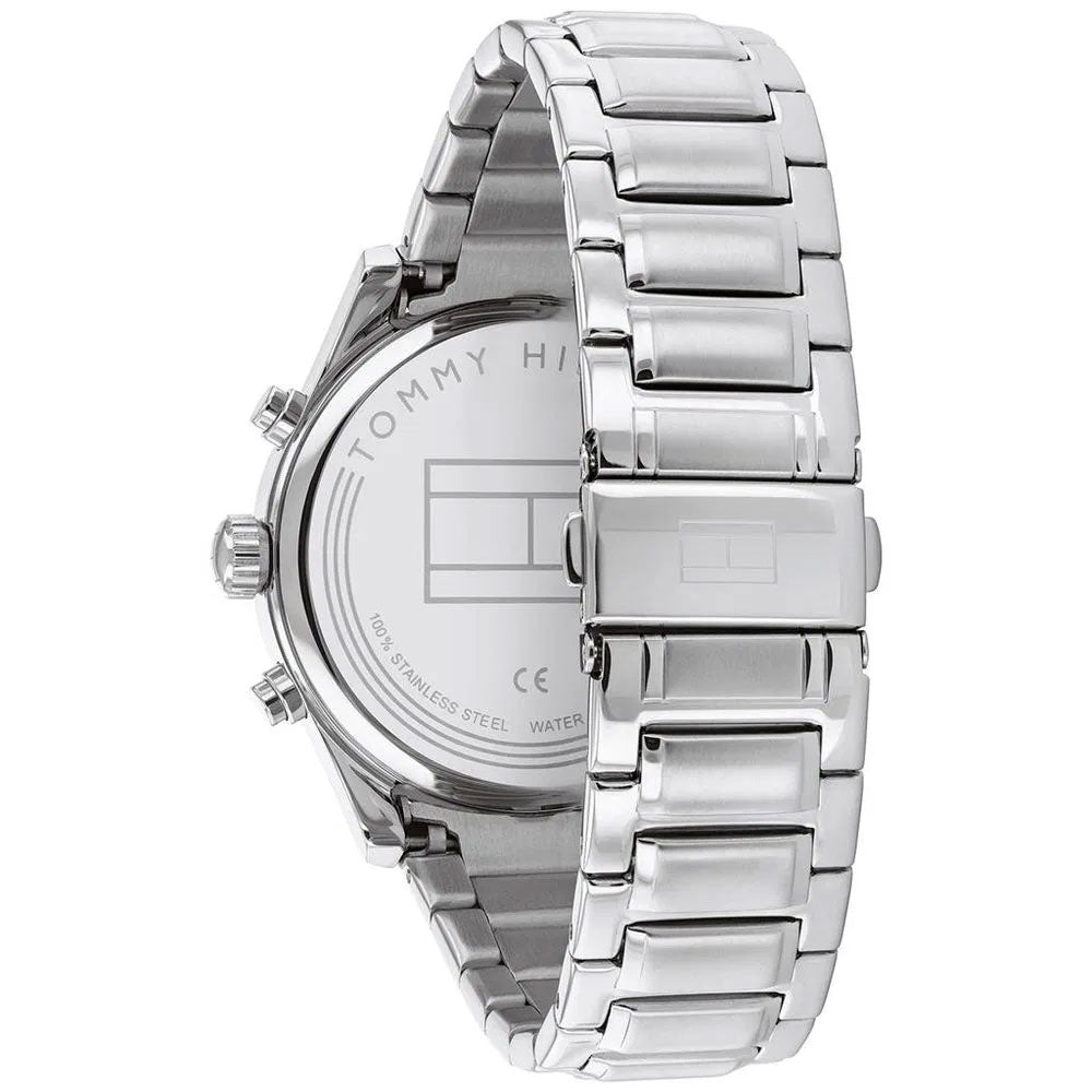 Left side perspective of the Tommy Hilfiger 1710419 black dial and silver link bracelet