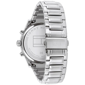 Left side perspective of the Tommy Hilfiger 1710419 black dial and silver link bracelet