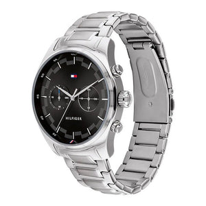 Angled view of the Tommy Hilfiger 1710419 highlighting the polished silver-tone case and crown