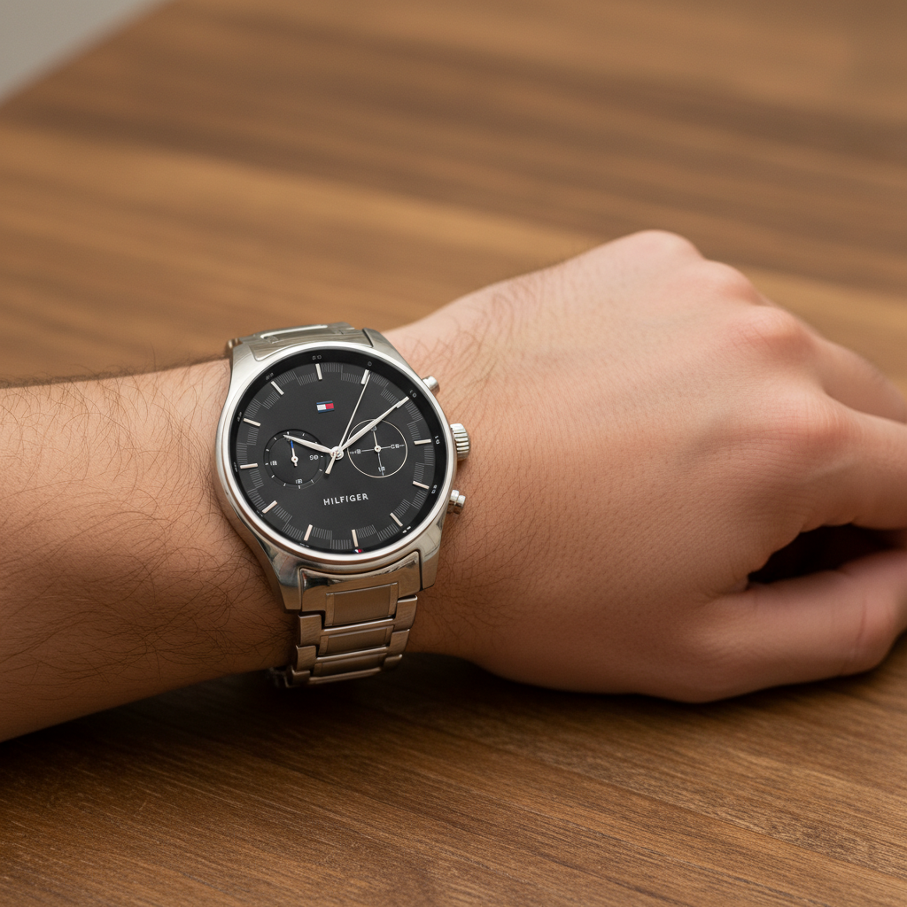 Close up shot of Tommy Hilfiger 1710419 watch on wrist showing the black sunray dial and silver case