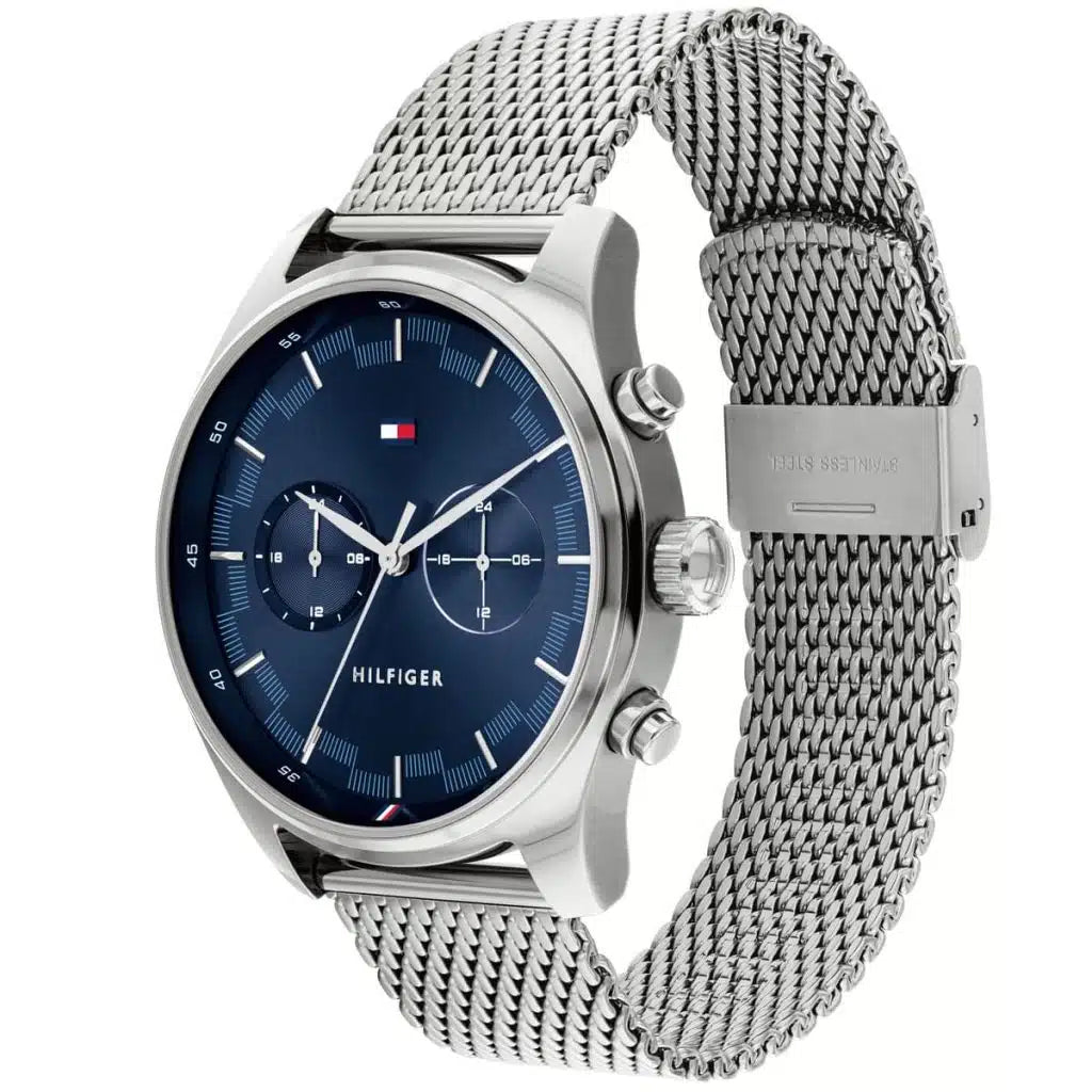 Angled view of the Tommy Hilfiger 1710420 highlighting the polished silver stainless steel case