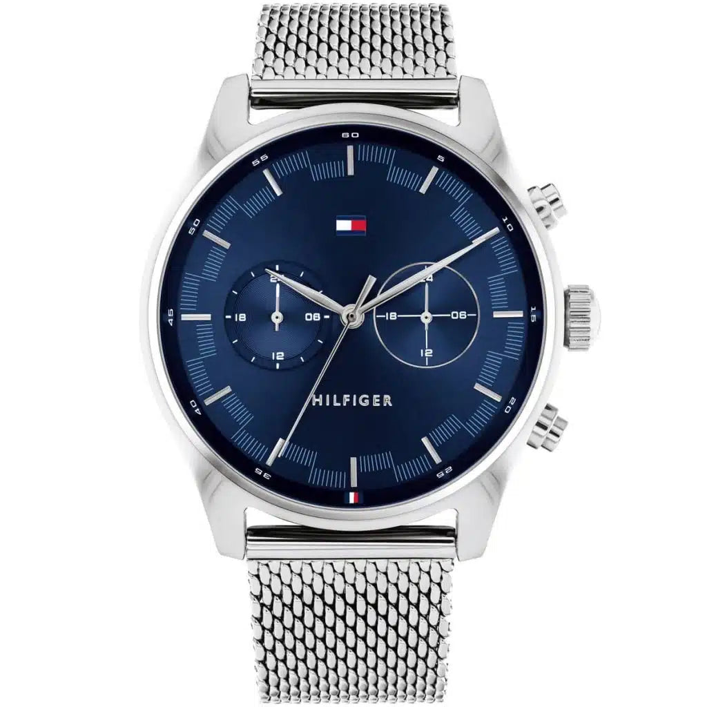 Tommy Hilfiger Sawyer 1710420 men's watch with silver case blue dial and silver mesh strap
